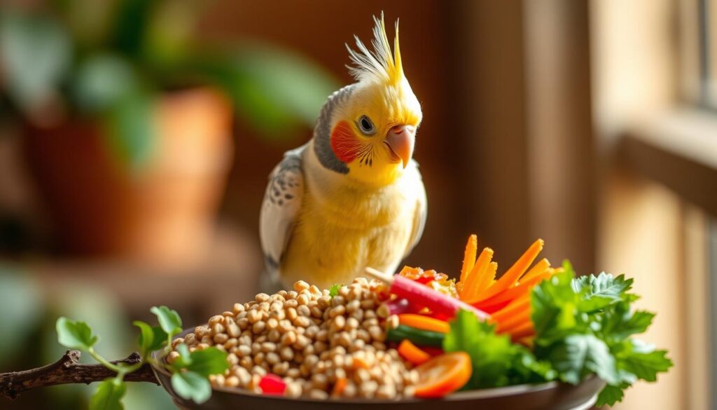 Cockatiel eating a balanced diet of pellets and fresh vegetables Cockatiel eating a balanced diet of pellets and fresh vegetables
